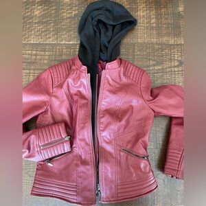 GUESS Los Angeles Women's Red Leather Moto Jacket with sewn in hoodie Size Large